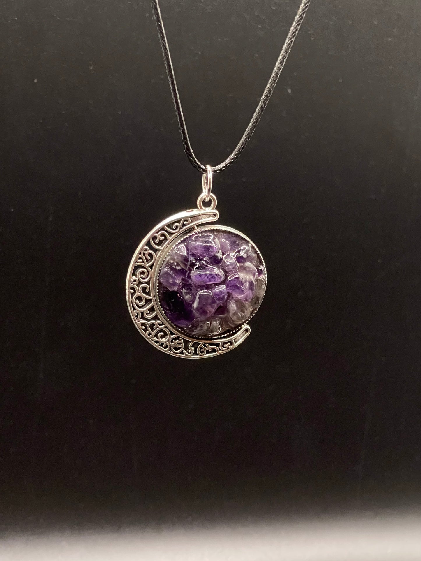 Crystal Fidget Spinner SILVER Moon Necklace, Double-Sided with Amethyst and Rainbow Moonstone