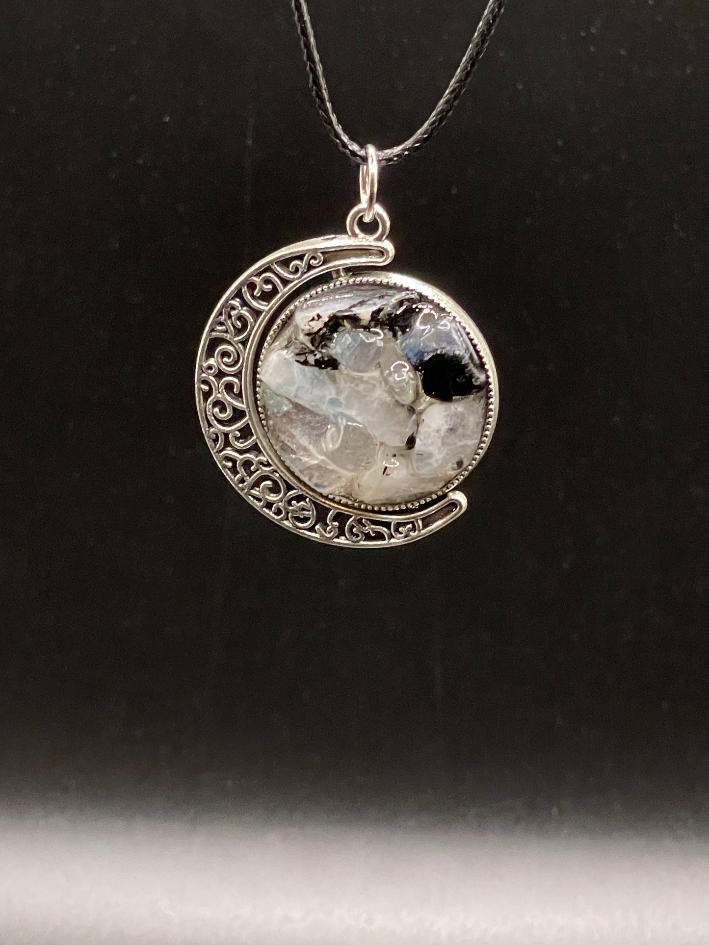 Crystal Fidget Spinner SILVER Moon Necklace, Double-Sided with Amethyst and Rainbow Moonstone