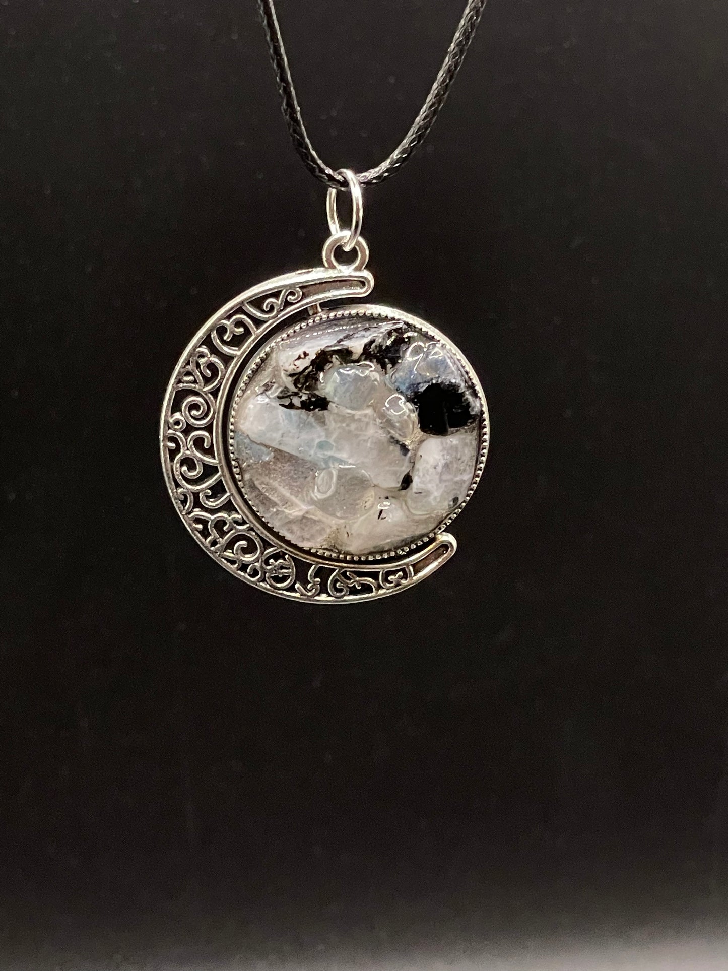 Crystal Fidget Spinner SILVER Moon Necklace, Double-Sided with Amethyst and Rainbow Moonstone