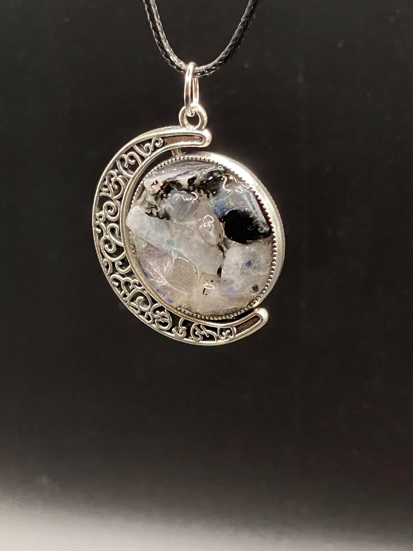Crystal Fidget Spinner SILVER Moon Necklace, Double-Sided with Amethyst and Rainbow Moonstone