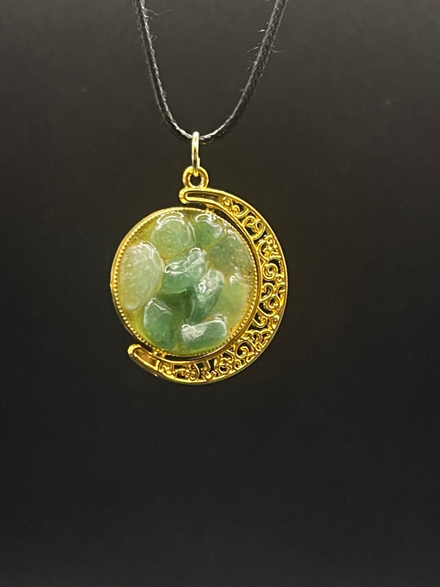 Crystal Fidget Spinner GOLD Moon Necklace, Double-Sided with Tigers Eye and Green Aventurine