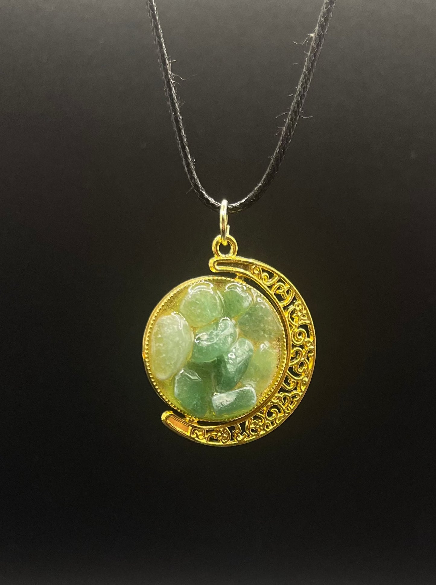 Crystal Fidget Spinner GOLD Moon Necklace, Double-Sided with Tigers Eye and Green Aventurine