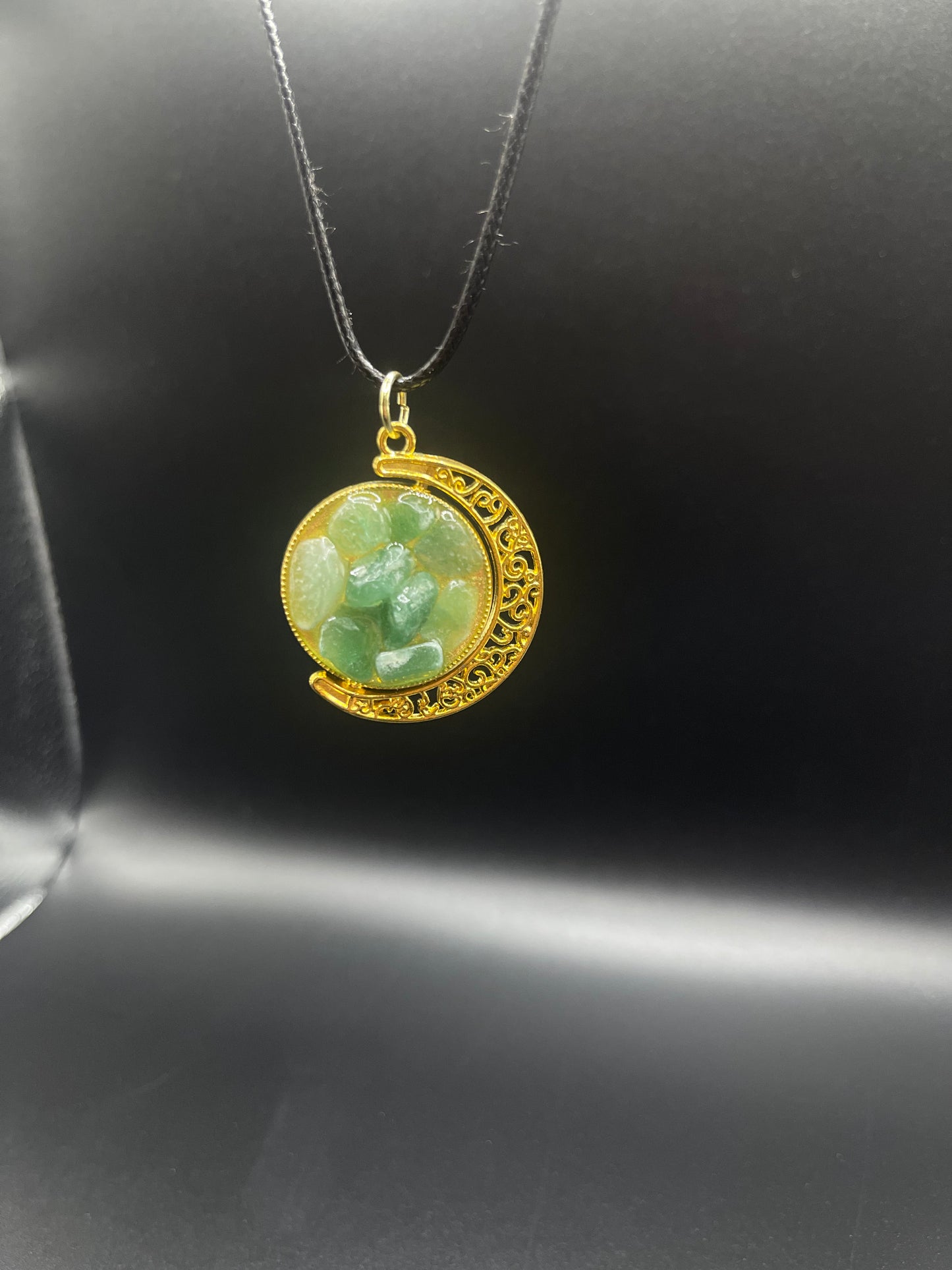 Crystal Fidget Spinner GOLD Moon Necklace, Double-Sided with Tigers Eye and Green Aventurine