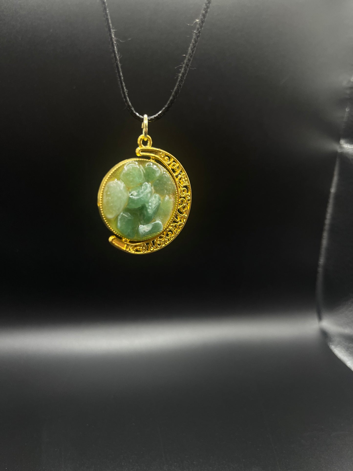 Crystal Fidget Spinner GOLD Moon Necklace, Double-Sided with Tigers Eye and Green Aventurine