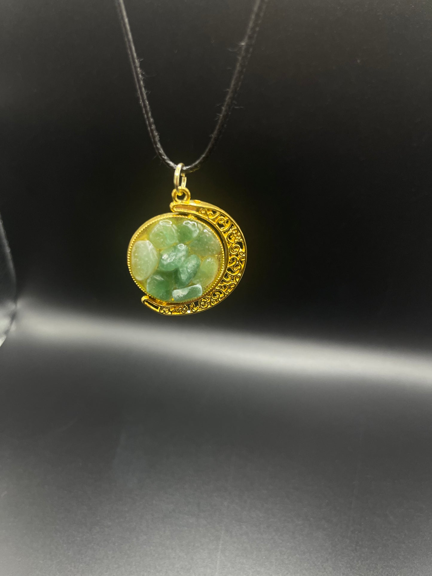 Crystal Fidget Spinner GOLD Moon Necklace, Double-Sided with Tigers Eye and Green Aventurine