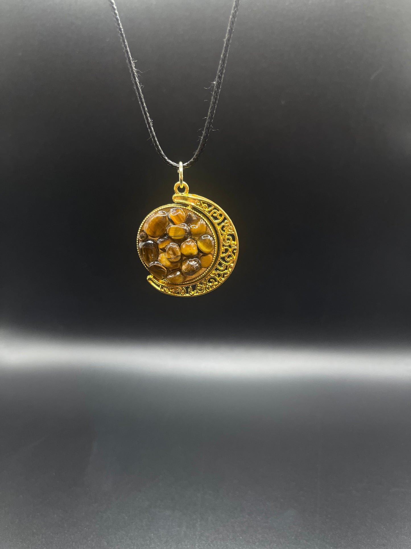 Crystal Fidget Spinner GOLD Moon Necklace, Double-Sided with Tigers Eye and Green Aventurine