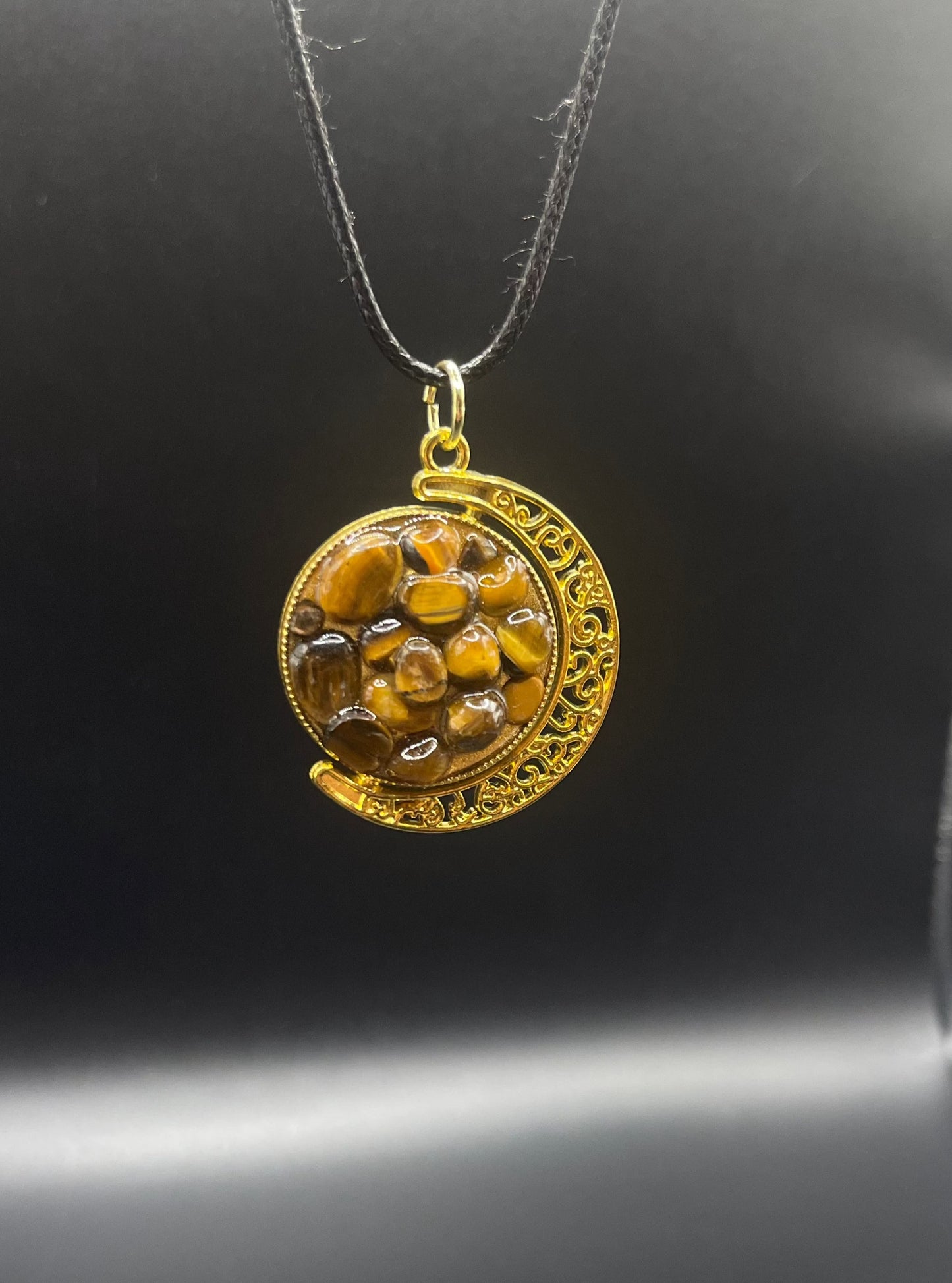 Crystal Fidget Spinner GOLD Moon Necklace, Double-Sided with Tigers Eye and Green Aventurine