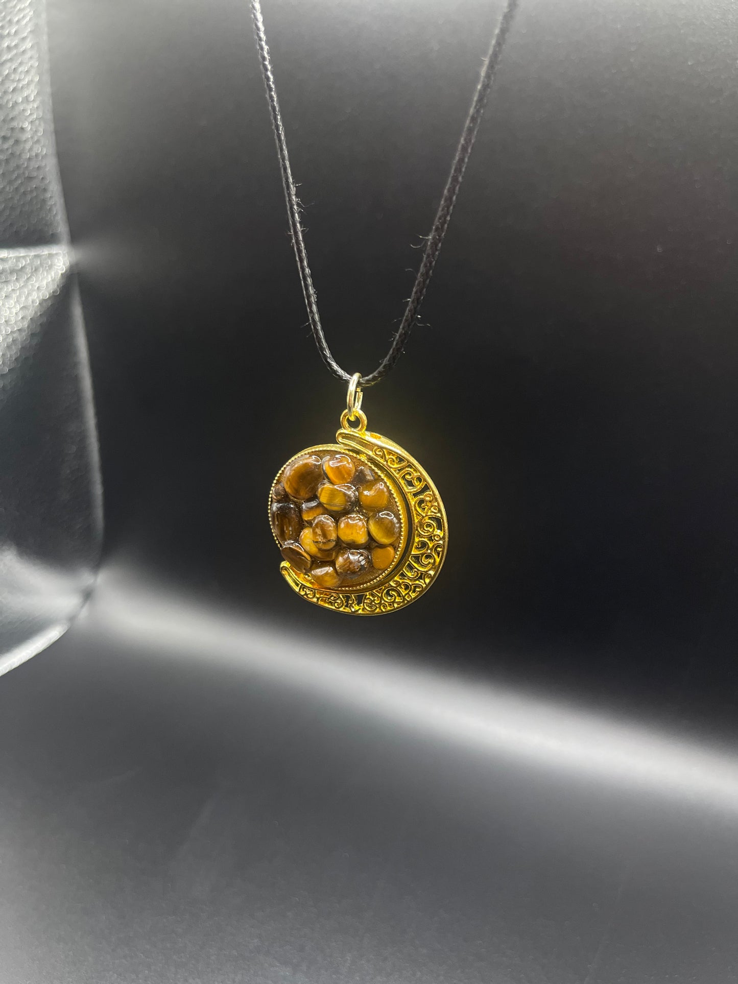 Crystal Fidget Spinner GOLD Moon Necklace, Double-Sided with Tigers Eye and Green Aventurine