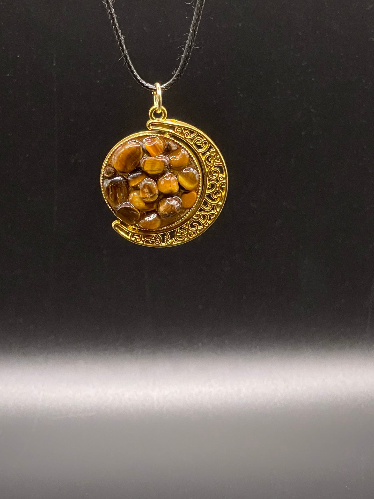 Crystal Fidget Spinner GOLD Moon Necklace, Double-Sided with Tigers Eye and Green Aventurine