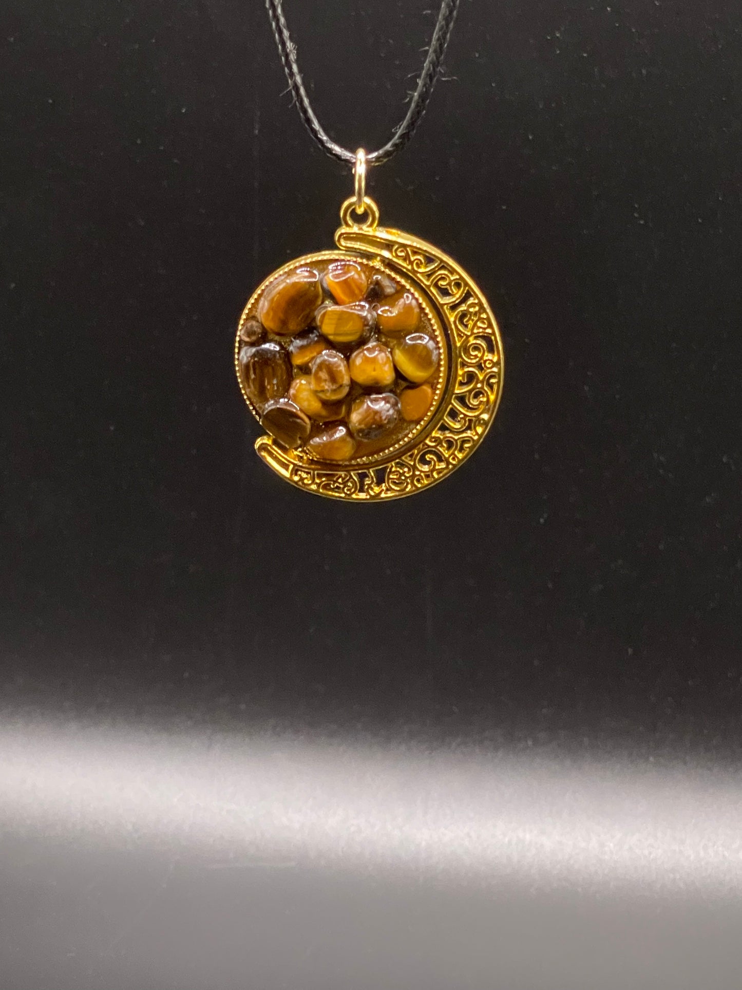 Crystal Fidget Spinner GOLD Moon Necklace, Double-Sided with Tigers Eye and Green Aventurine