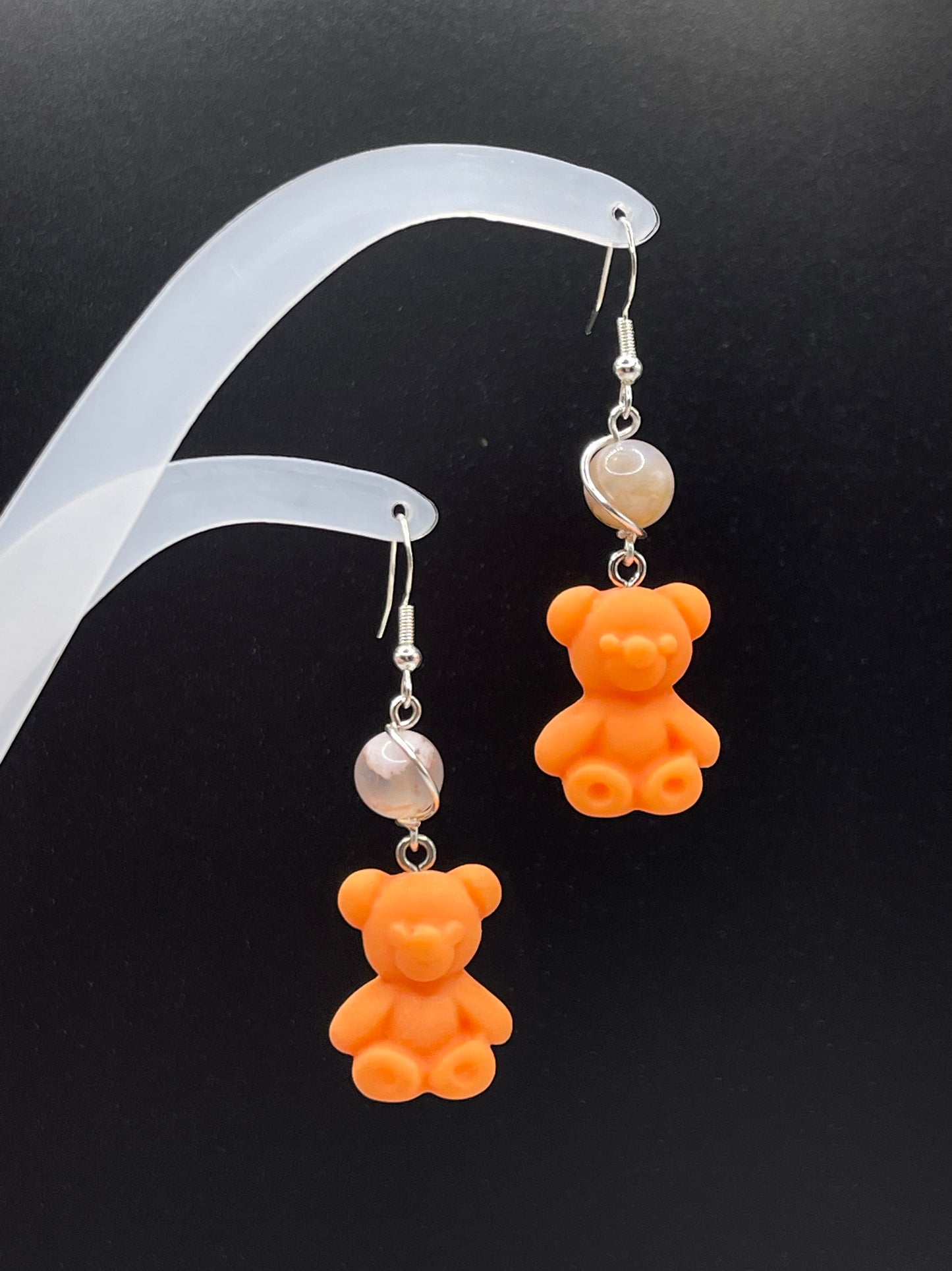 Dangly Teddy Bear Crystal Earrings with Natural Flower Agate
