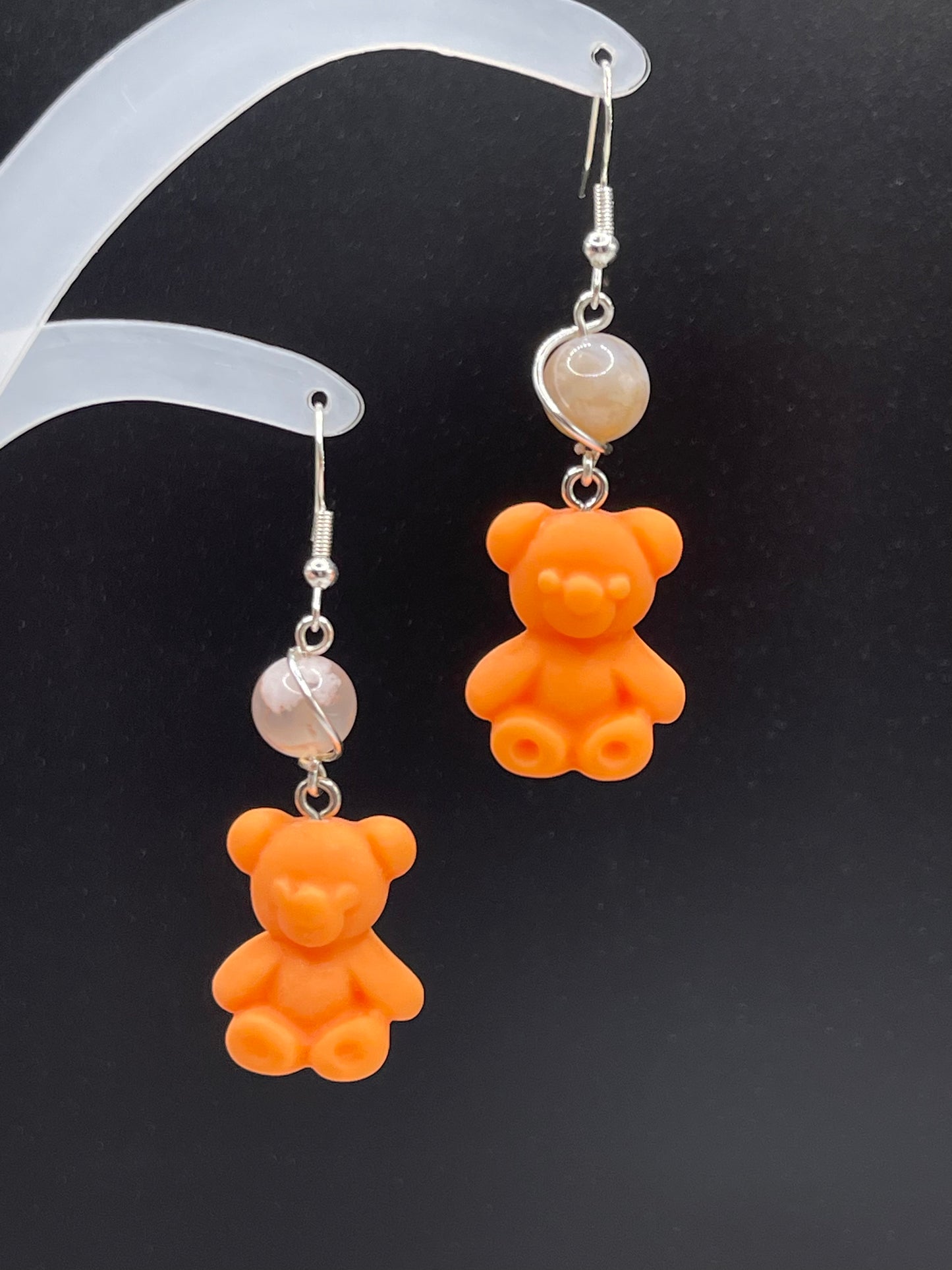 Dangly Teddy Bear Crystal Earrings with Natural Flower Agate