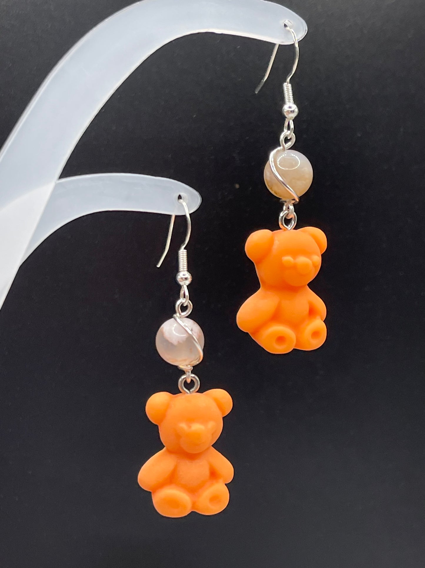 Dangly Teddy Bear Crystal Earrings with Natural Flower Agate