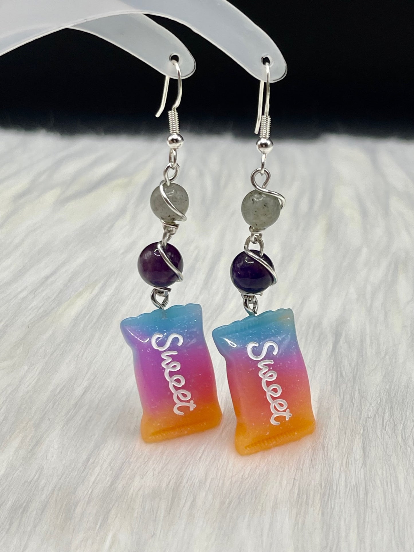 Dangly Candy Crystal Earrings with Labradorite and Amethyst