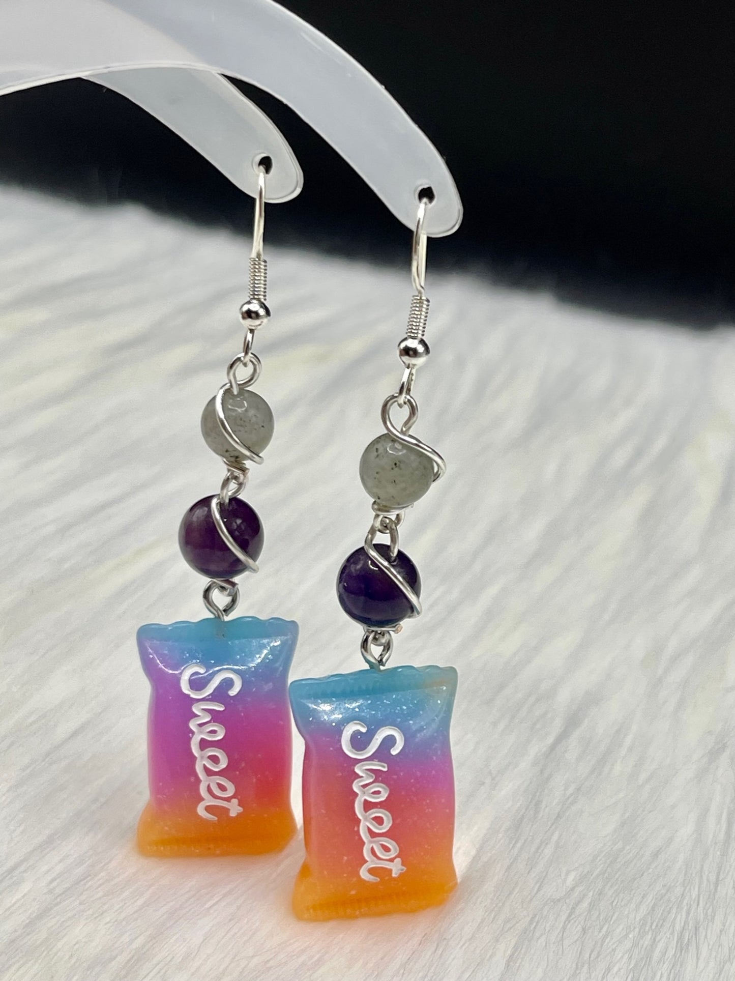 Dangly Candy Crystal Earrings with Labradorite and Amethyst