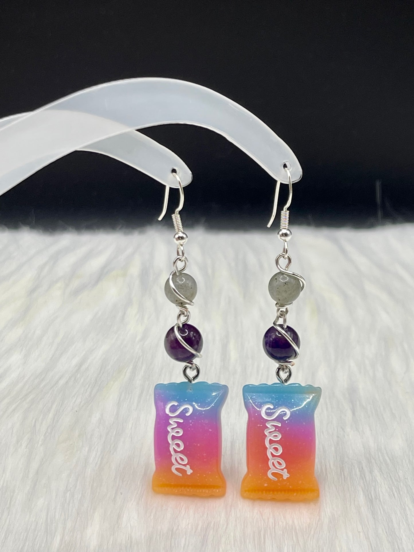 Dangly Candy Crystal Earrings with Labradorite and Amethyst