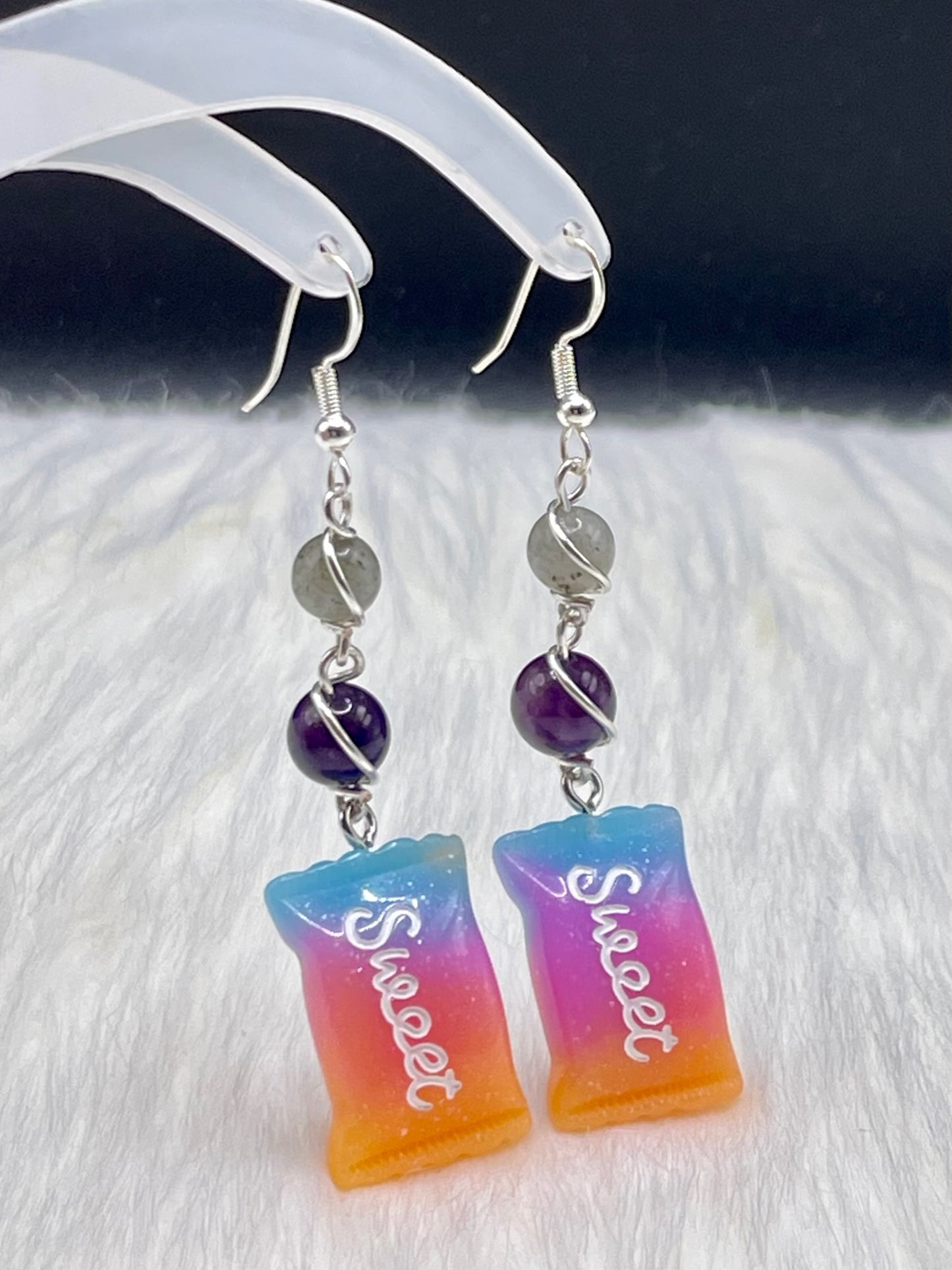 Dangly Candy Crystal Earrings with Labradorite and Amethyst