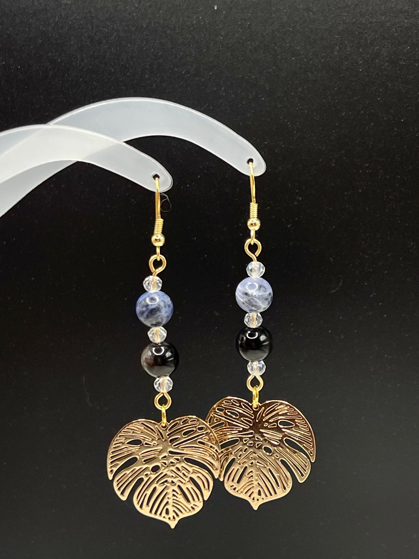 Dangly Monstera Crystal Earrings with Natural Sodalite and Silver Sheen Obsidian