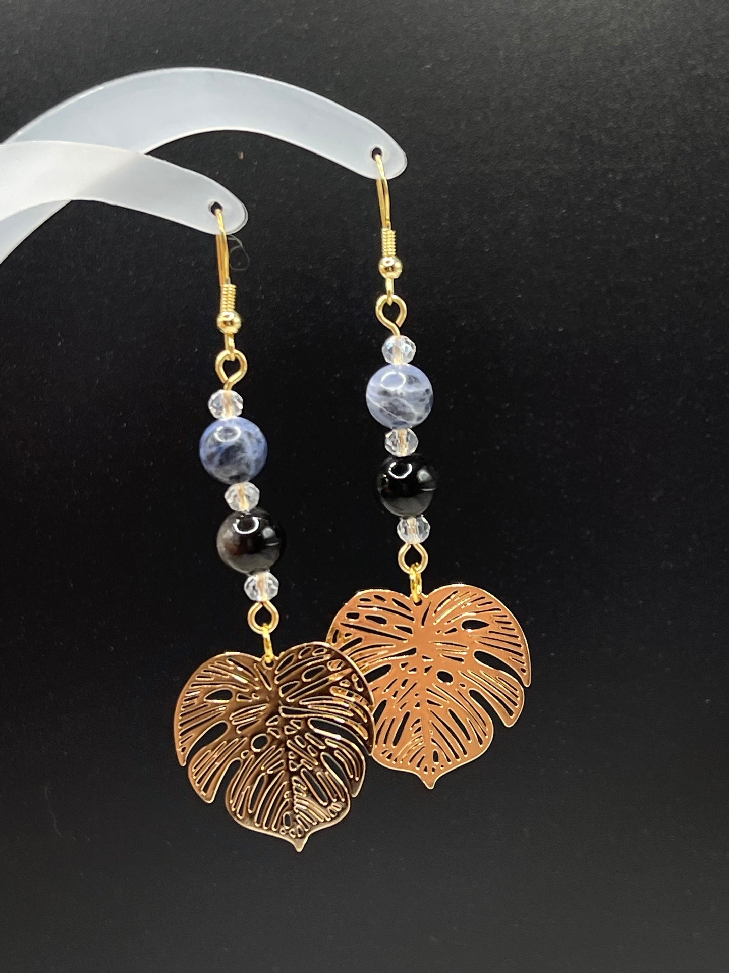 Dangly Monstera Crystal Earrings with Natural Sodalite and Silver Sheen Obsidian