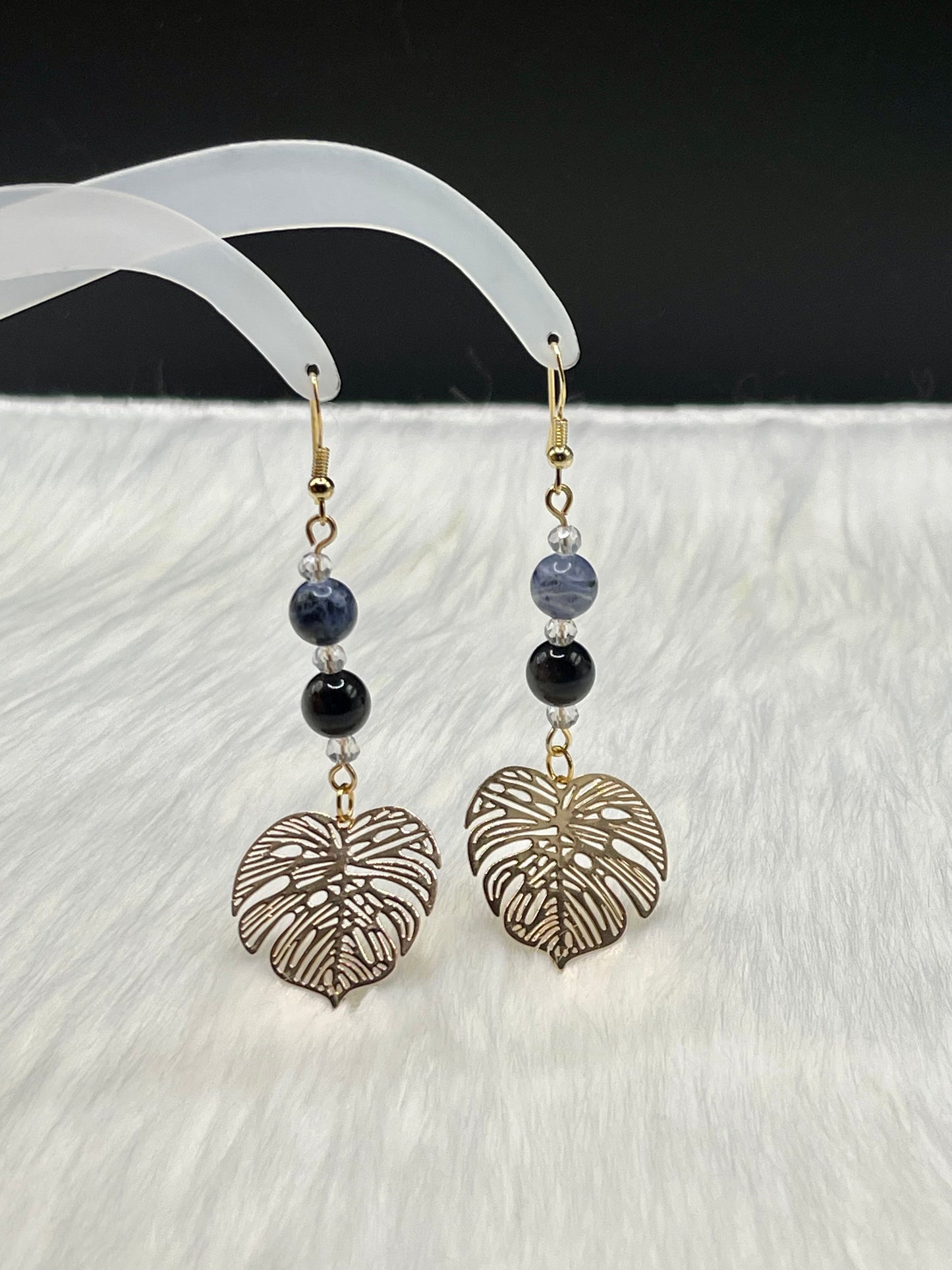 Dangly Monstera Crystal Earrings with Natural Sodalite and Silver Sheen Obsidian
