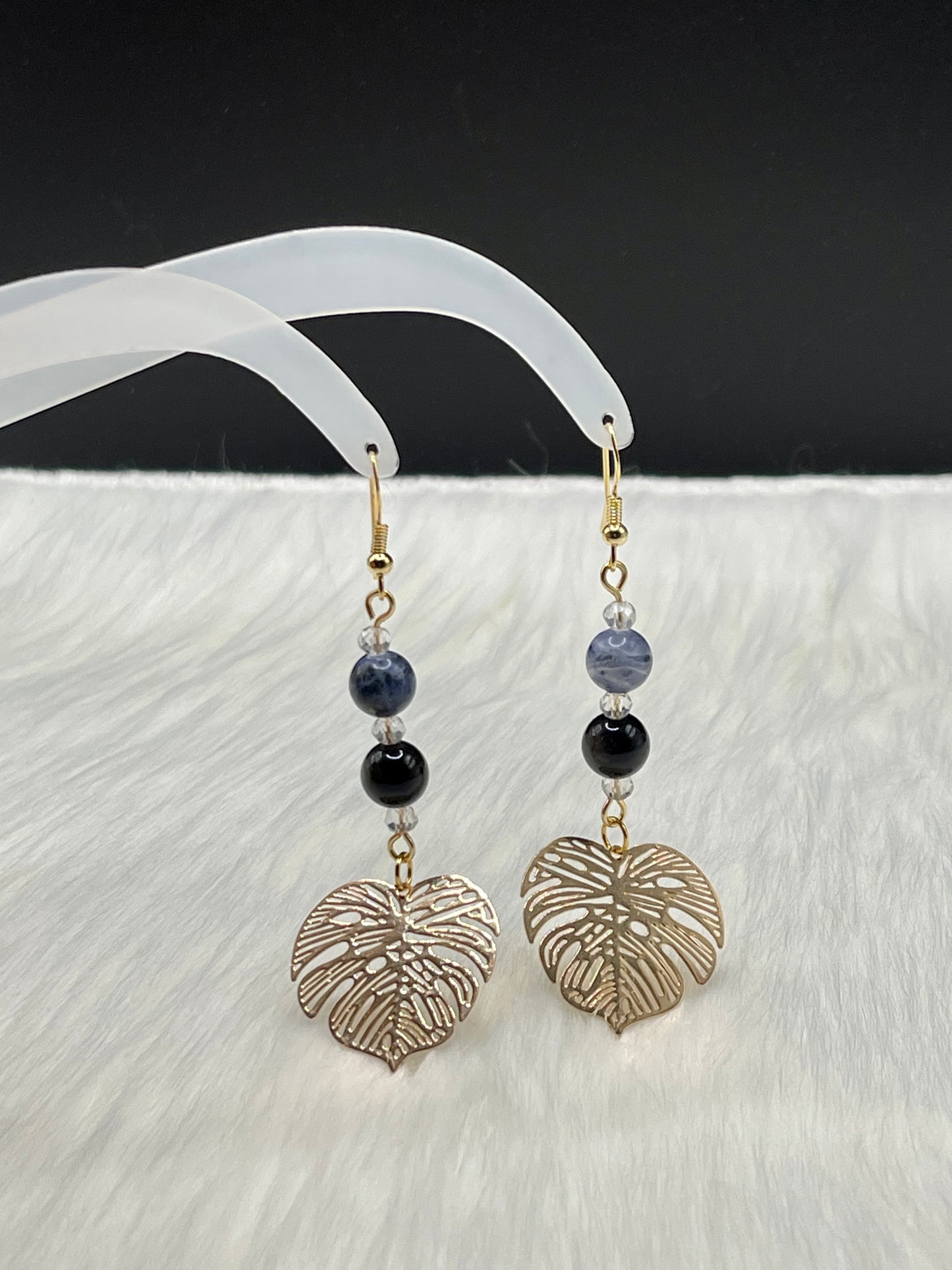 Dangly Monstera Crystal Earrings with Natural Sodalite and Silver Sheen Obsidian