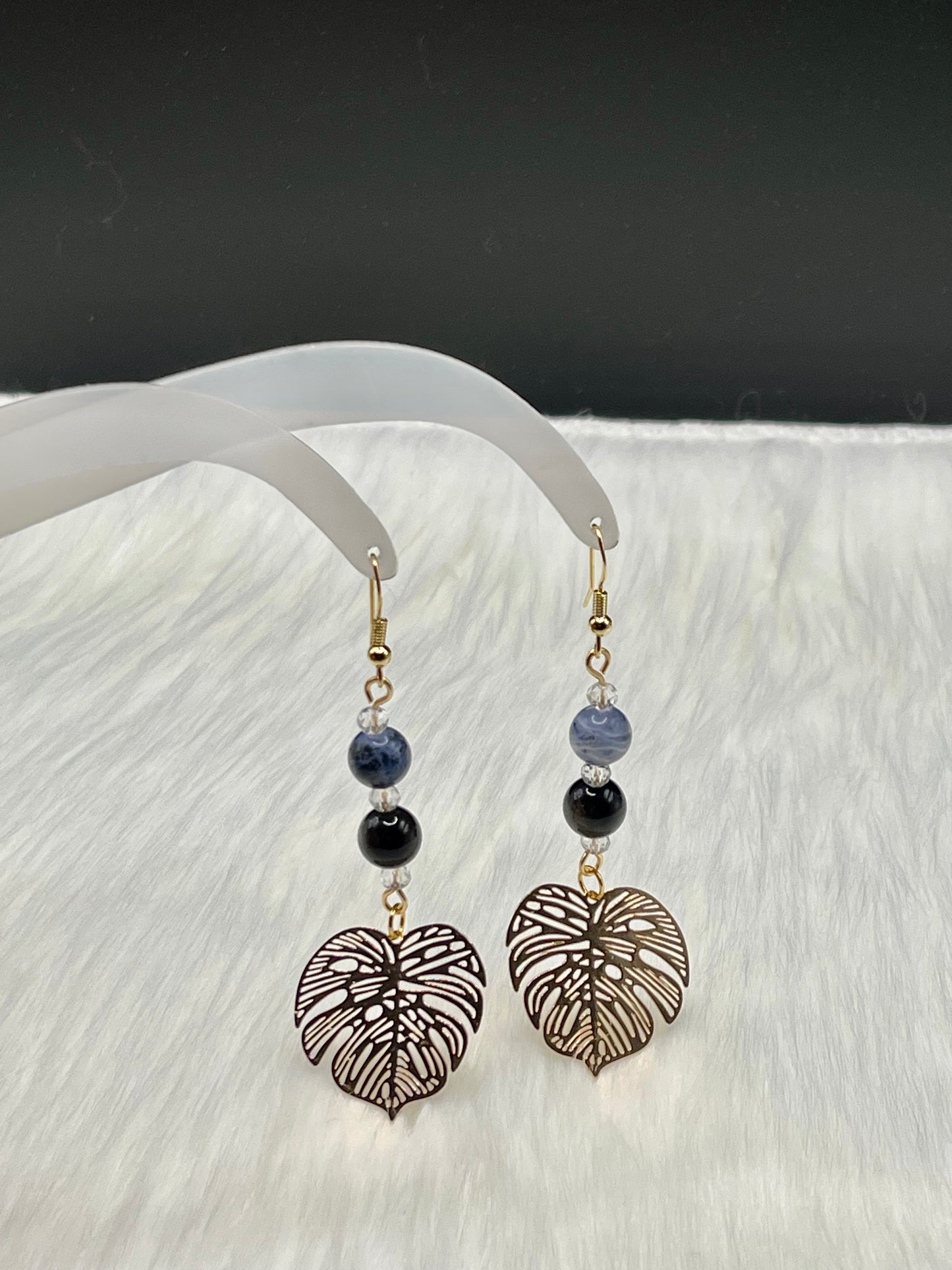 Dangly Monstera Crystal Earrings with Natural Sodalite and Silver Sheen Obsidian
