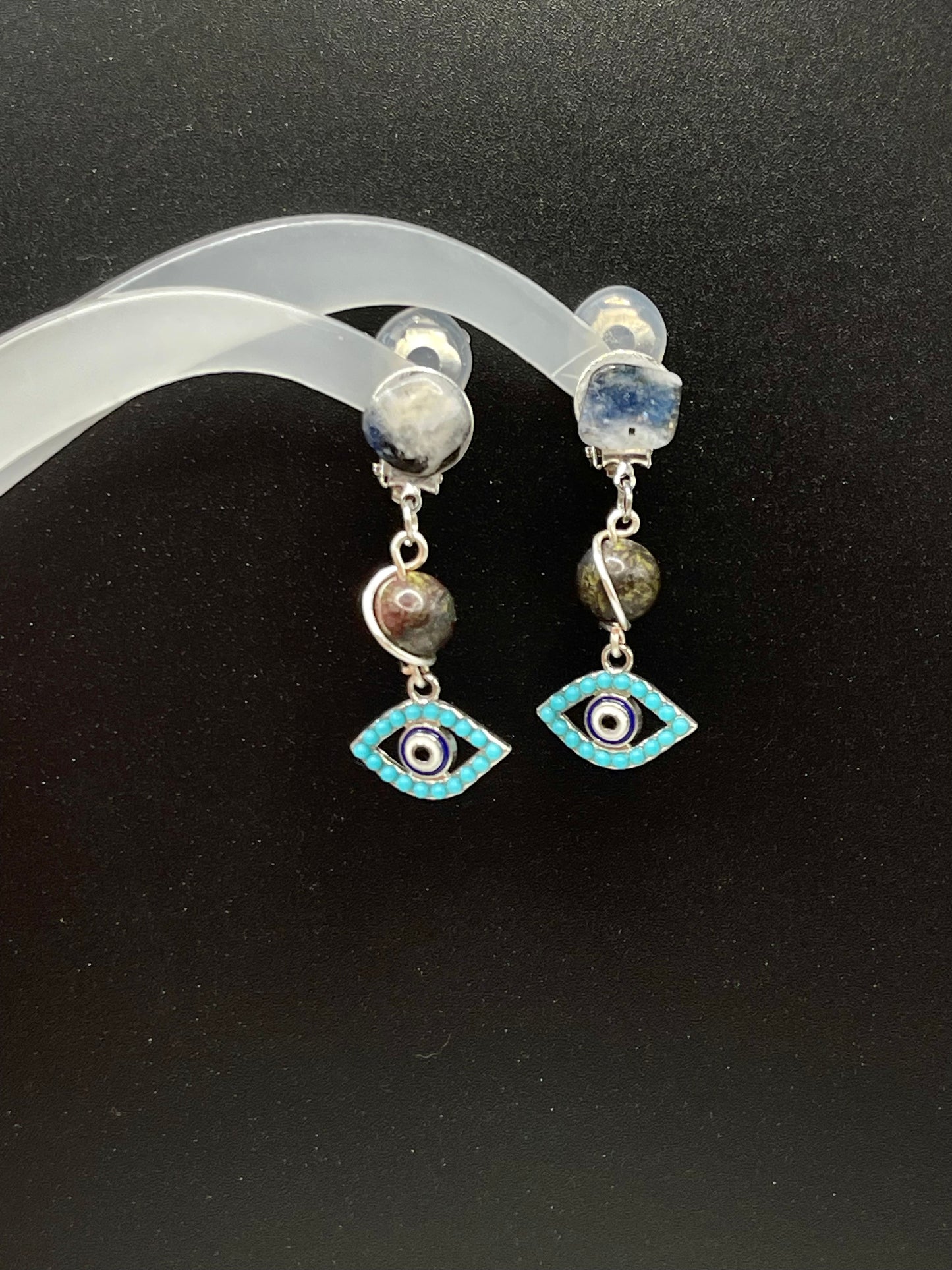 Dangly Clip on Protective Evil Eye Crystal Earrings with Rainbow Moonstone and Bloodstone