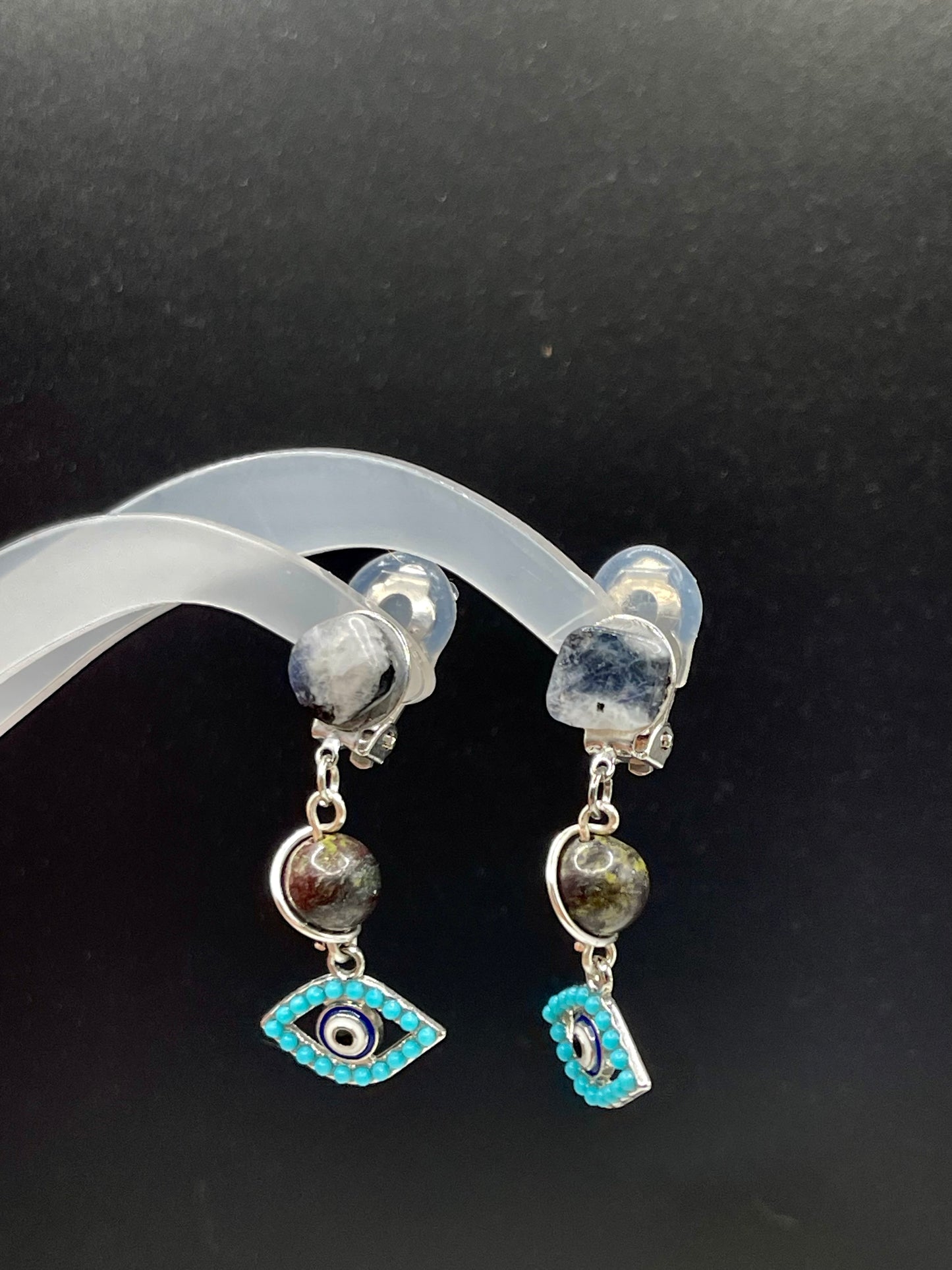 Dangly Clip on Protective Evil Eye Crystal Earrings with Rainbow Moonstone and Bloodstone